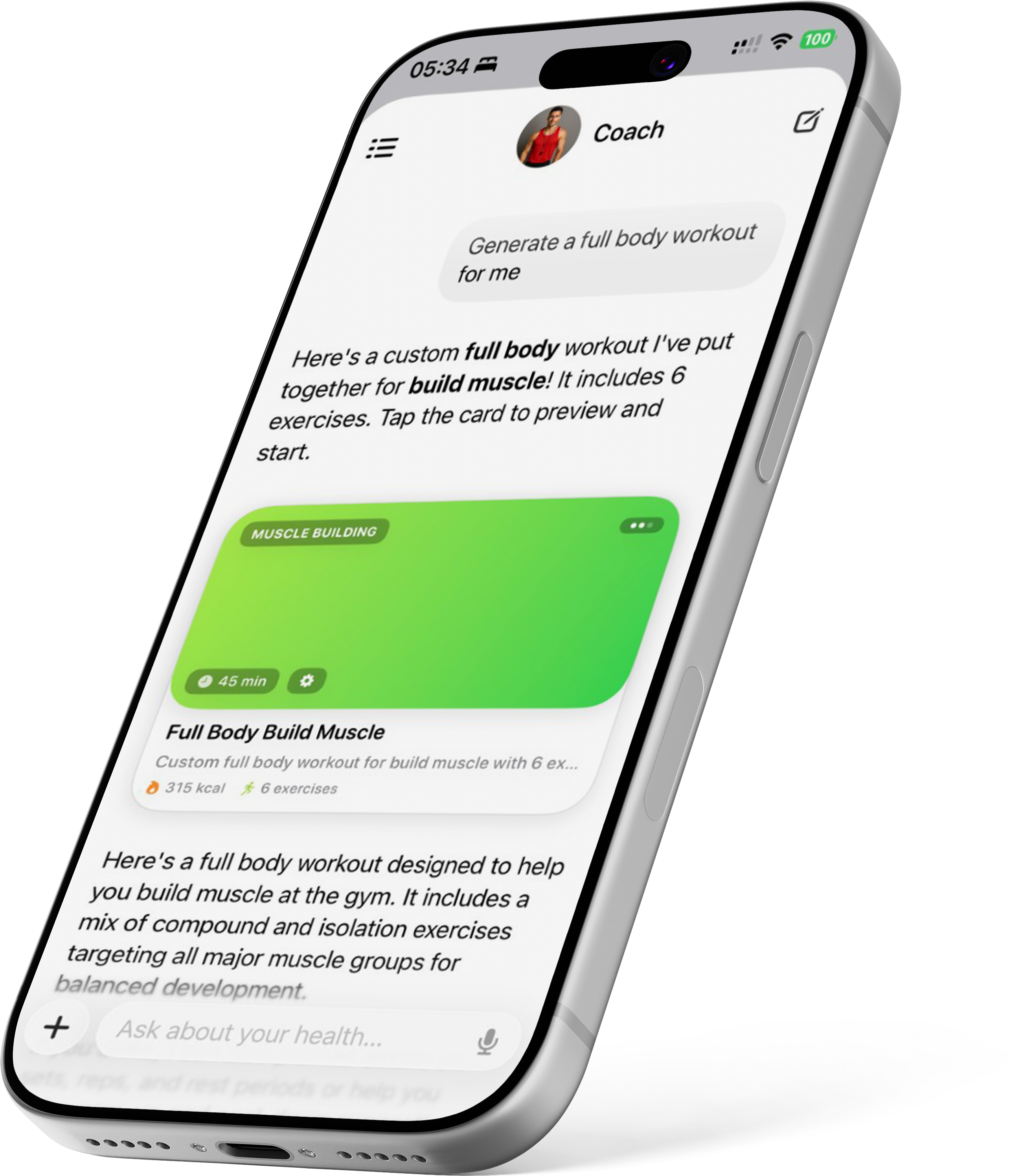AI Coach full body workout result on iPhone
