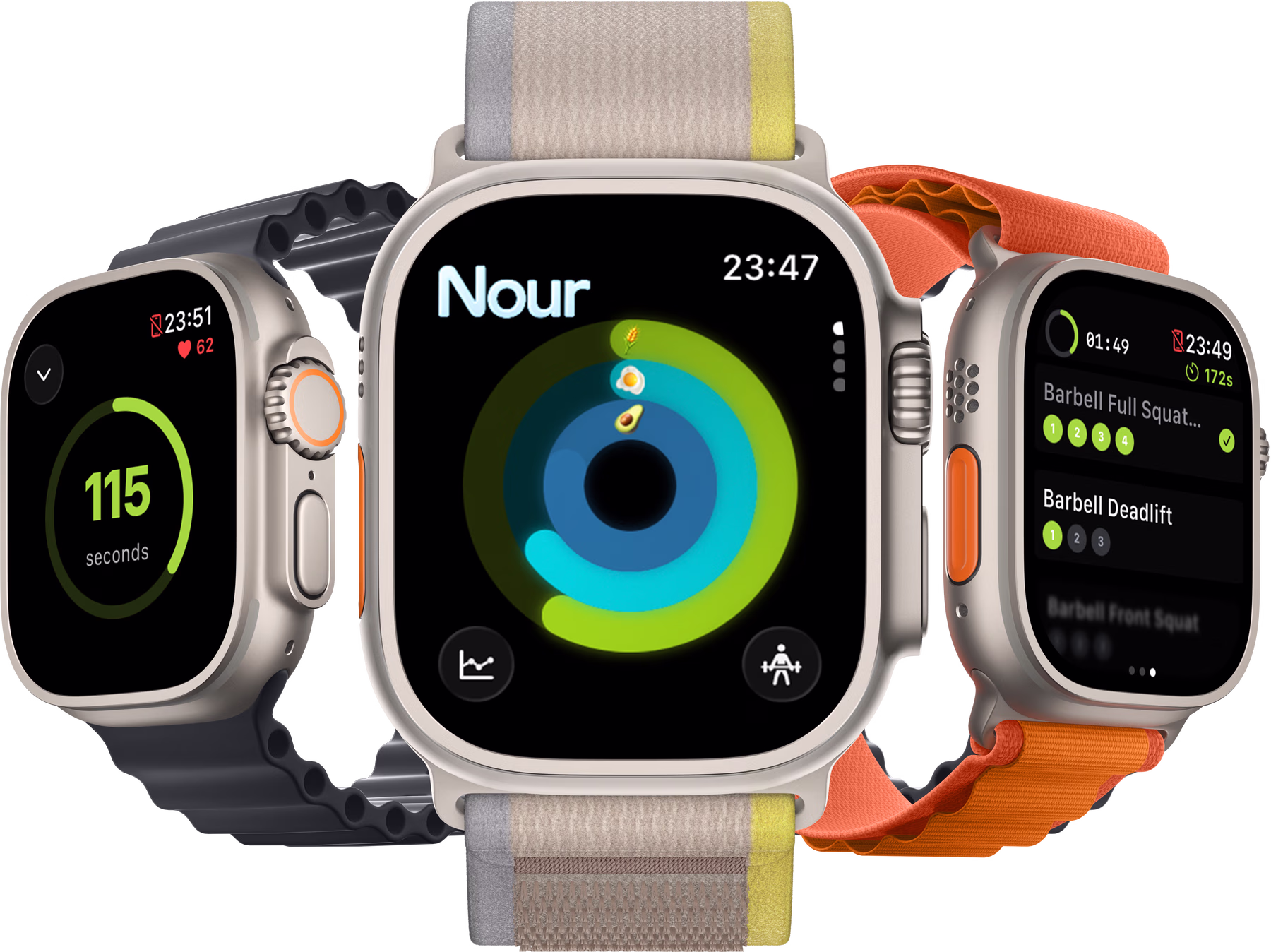Apple Watch Ultra showing Nour app screens
