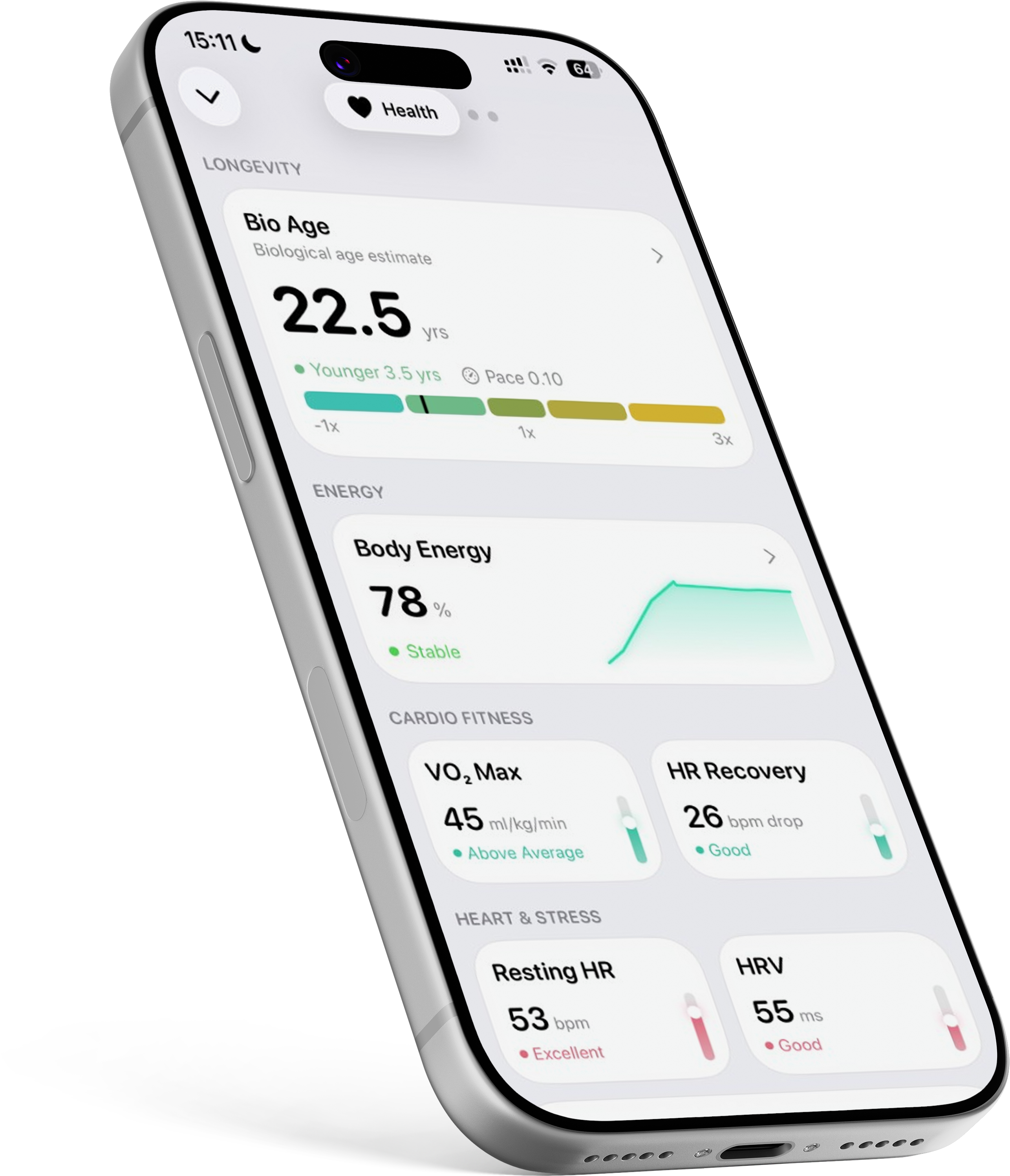 Health stats with bio age and energy on iPhone