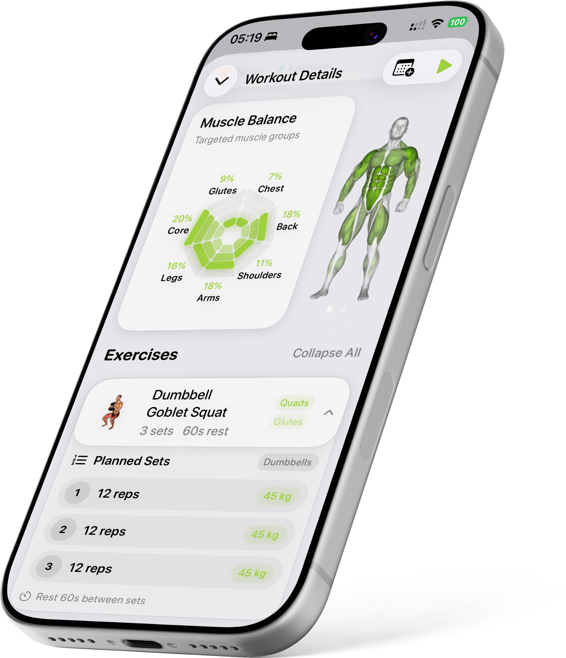 Workout muscle balance detail on iPhone